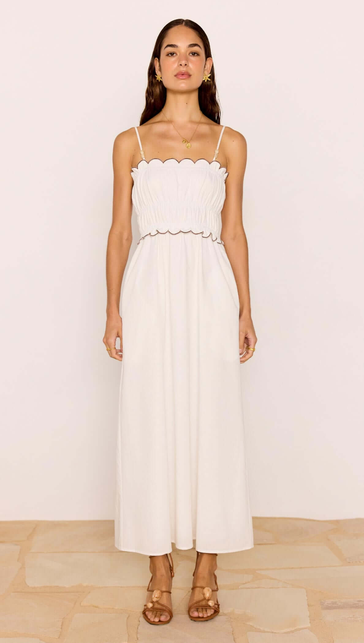 minkpink Scallop Edge Cotton White Midi Dress