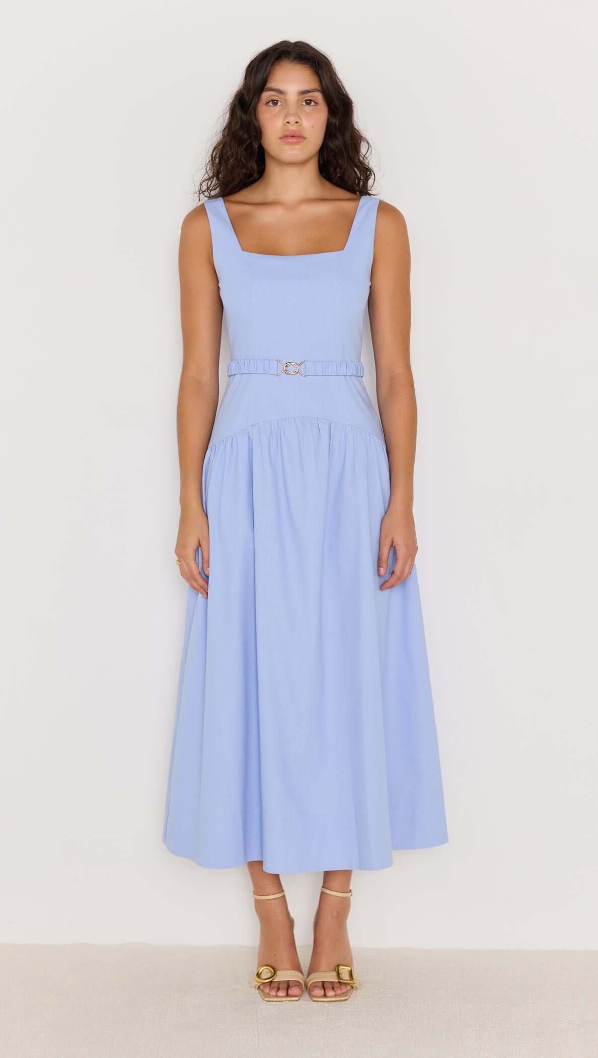 Minkpink Sky Blue Drop Waist Belted Midi Dress
