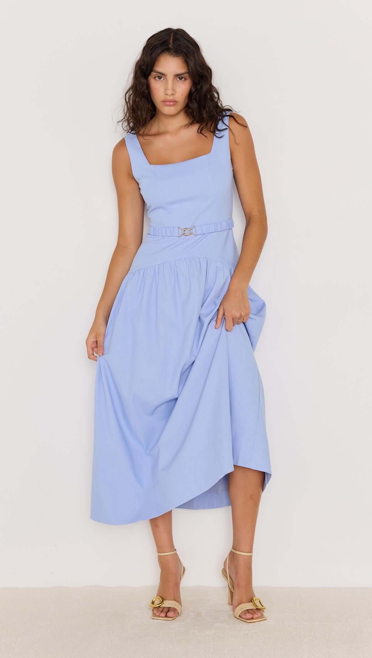 minkpink Sky Blue Drop Waist Belted Midi Dress