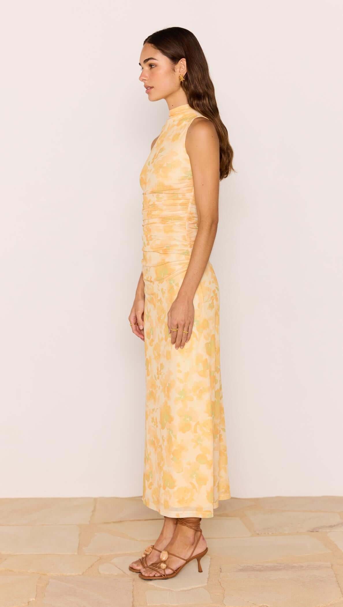 Minkpink Yellow Floral Mesh Midi Dress