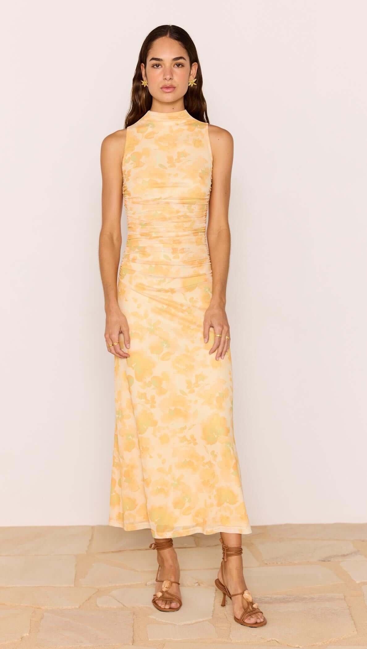minkpink Yellow Floral Mesh Midi Dress