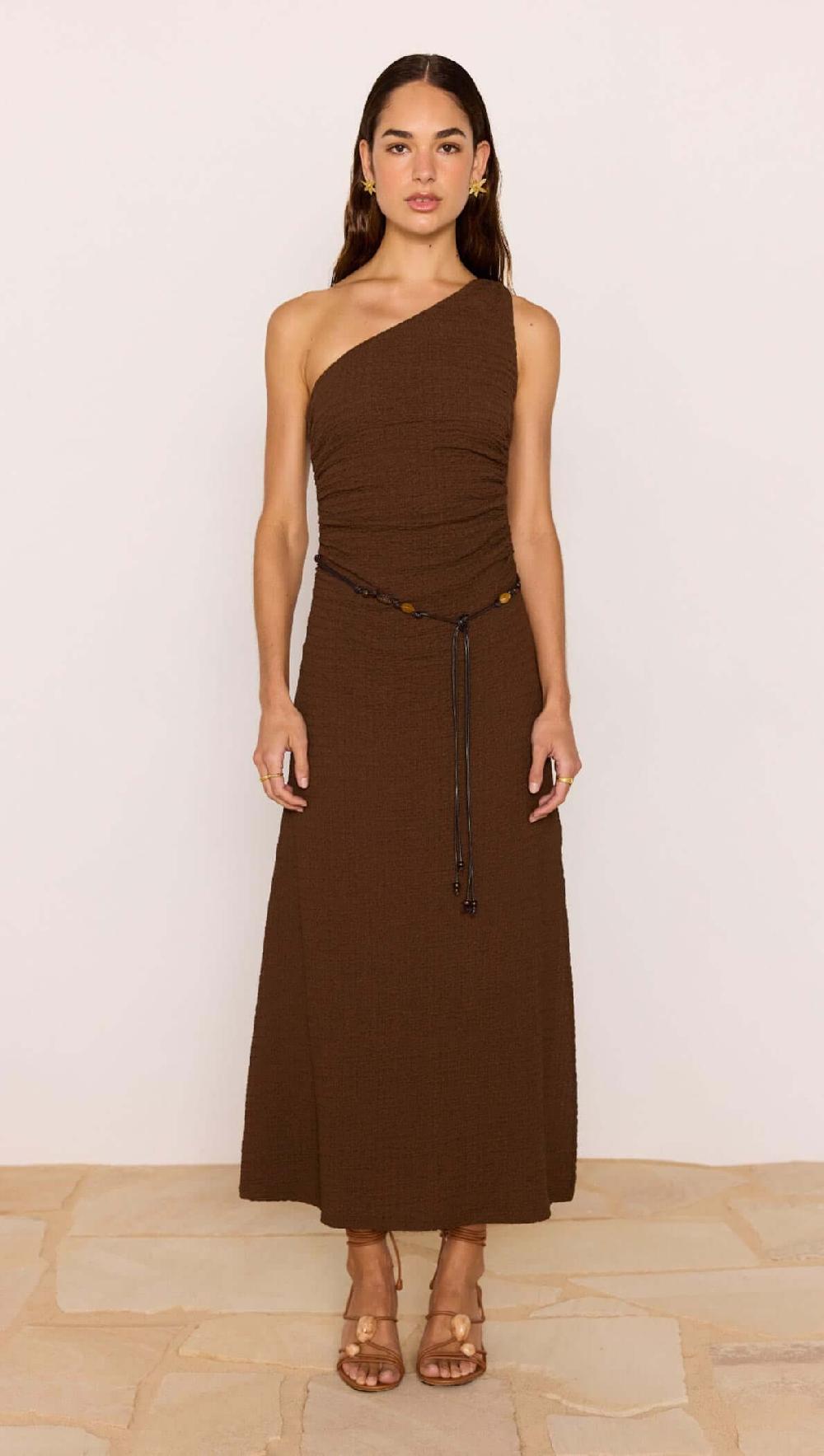 minkpink One-Shoulder Brown Midi Dress with Beaded Belt