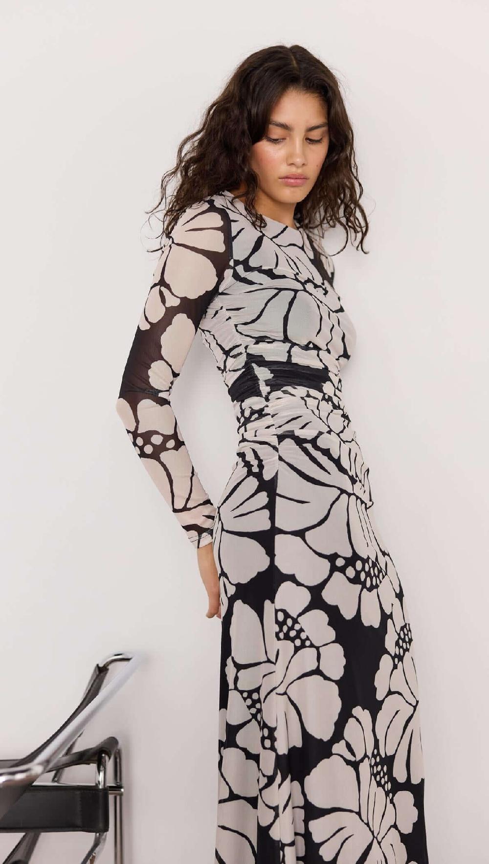 Minkpink Persephone Mesh Maxi Dress - Black & White Floral