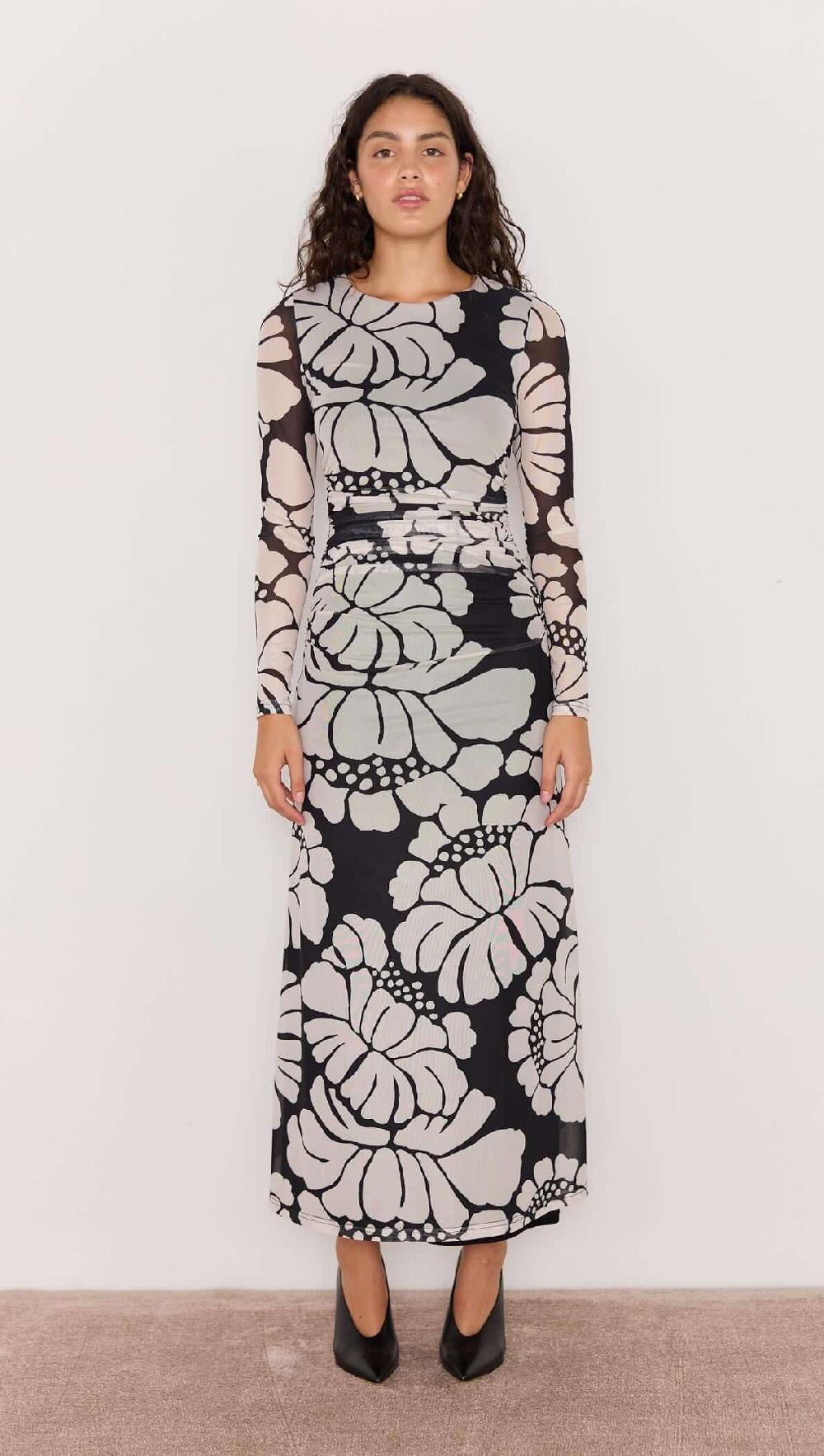 minkpink Persephone Mesh Maxi Dress - Black & White Floral