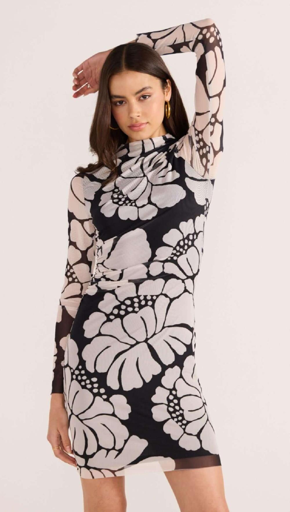 minkpink Persephone Mesh Mini Dress - Black & White Floral