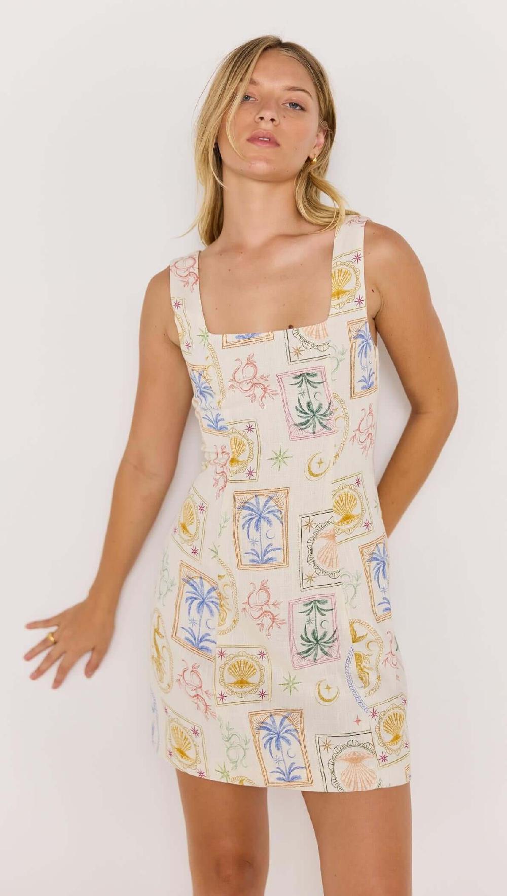 minkpink Printed Tie-back Square Neckline Mini Dress