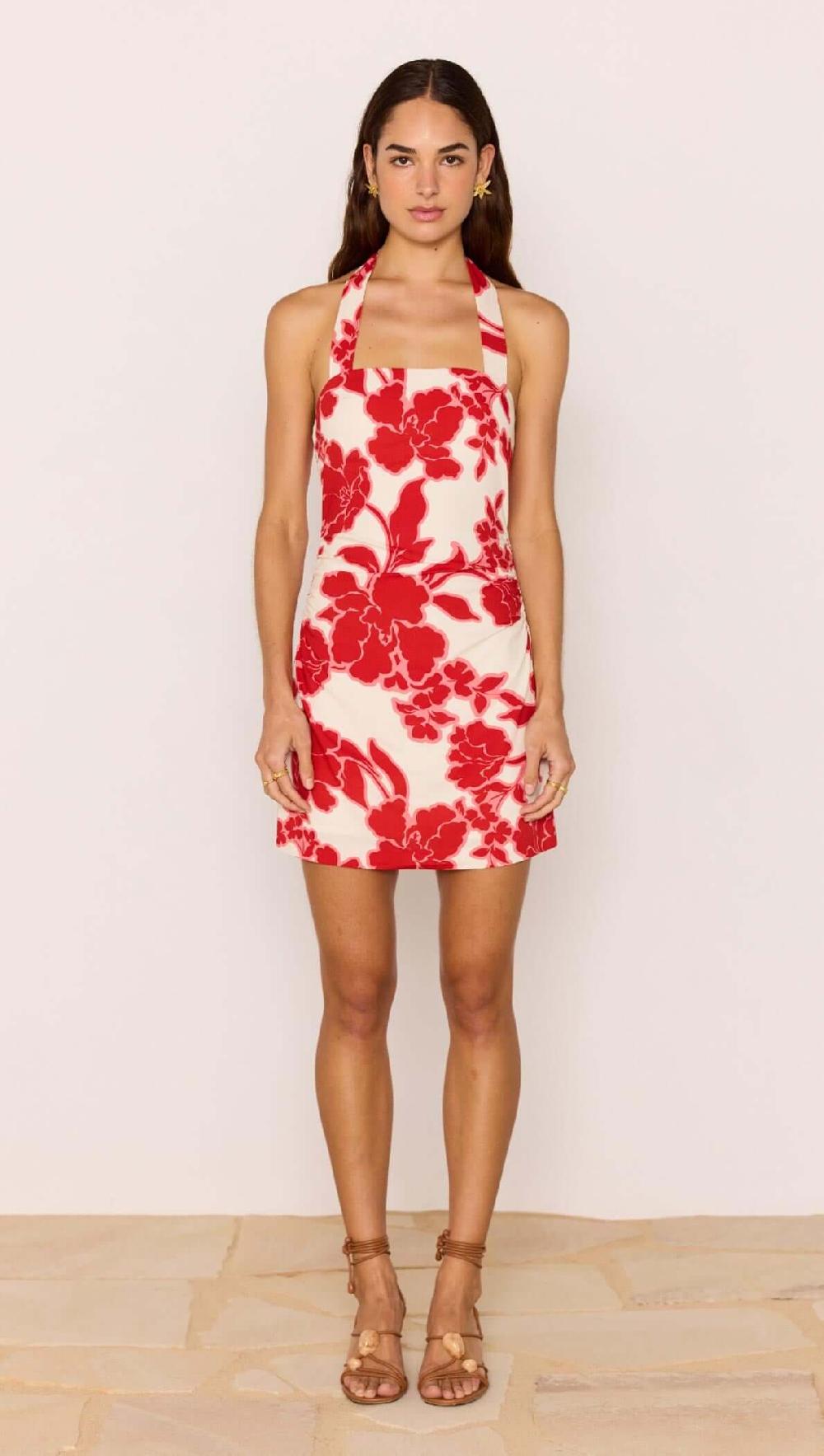 Minkpink Red & White Floral Linen Blend Halter-Neck Mini Dress