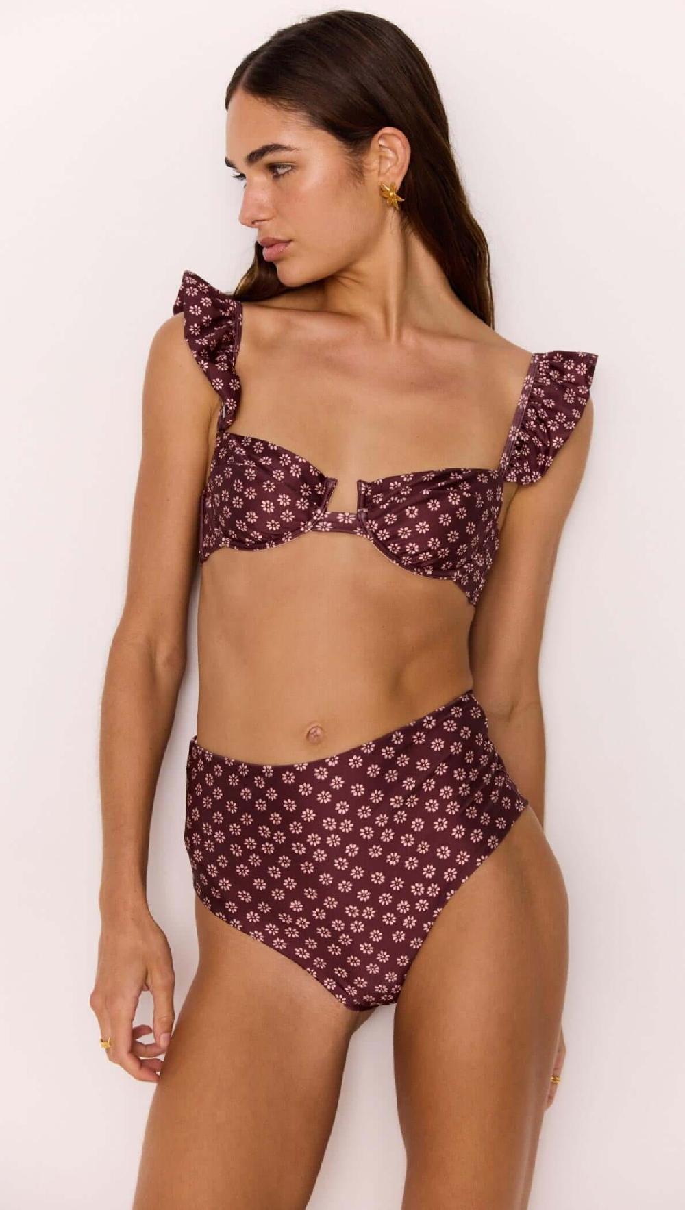 minkpink Ruffle Bra Top & High-Waisted Bikini Pant Set in Floral Print