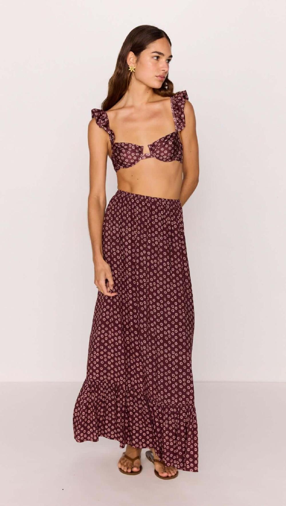Minkpink Ruffle Hem Maxi Skirt In Burgundy Floral Print