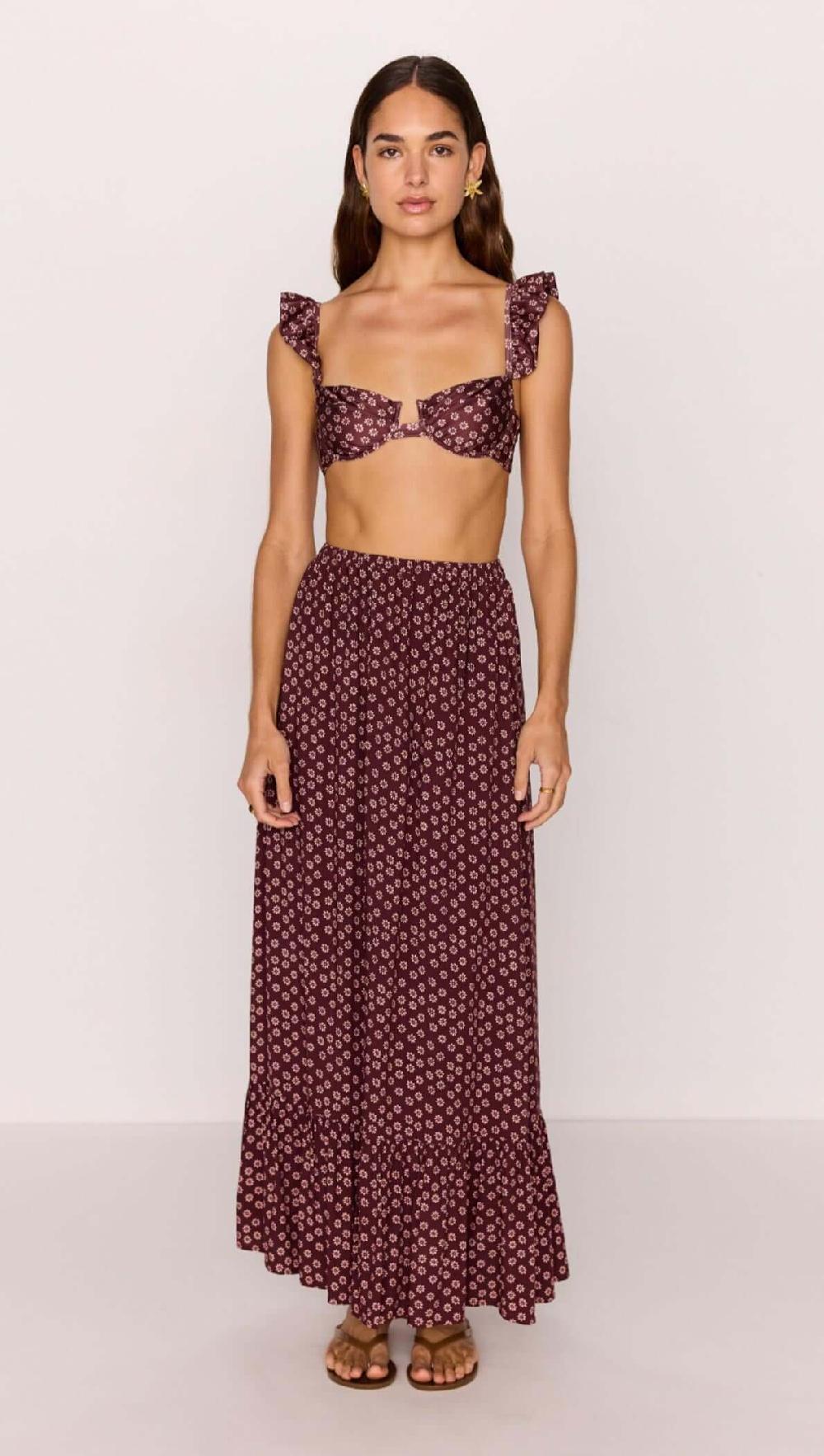 minkpink Ruffle Hem Maxi Skirt in Burgundy Floral Print