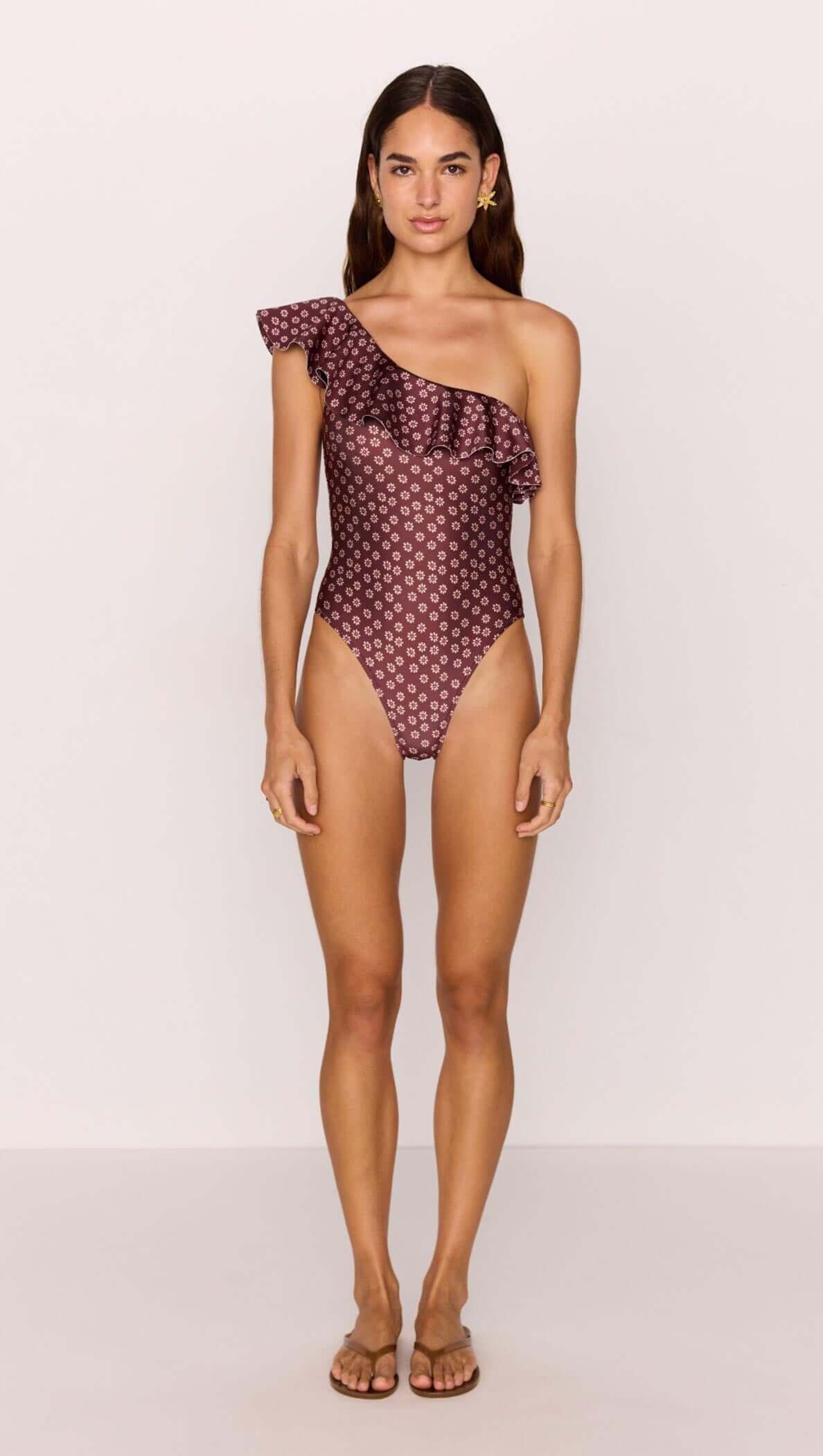 Minkpink Ruffle One-Shoulder One Piece Swimsuit In Burgundy Floral Print