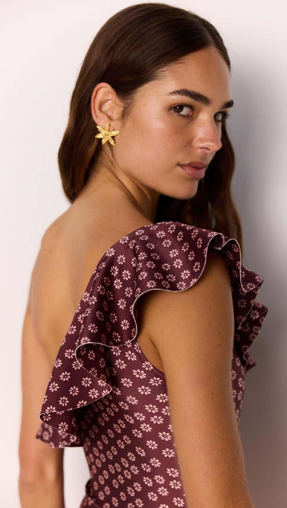 minkpink Ruffle One-Shoulder One Piece Swimsuit in Burgundy Floral Print