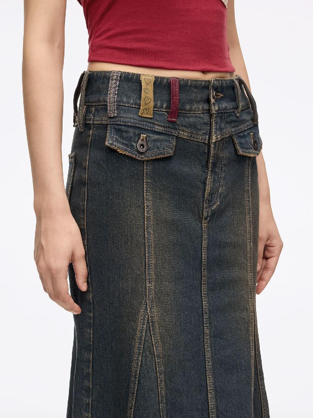 Miss Sixty BELT LOOP MERMAID DENIM SKIRT CLAY BRICK RED RETRO BLUE