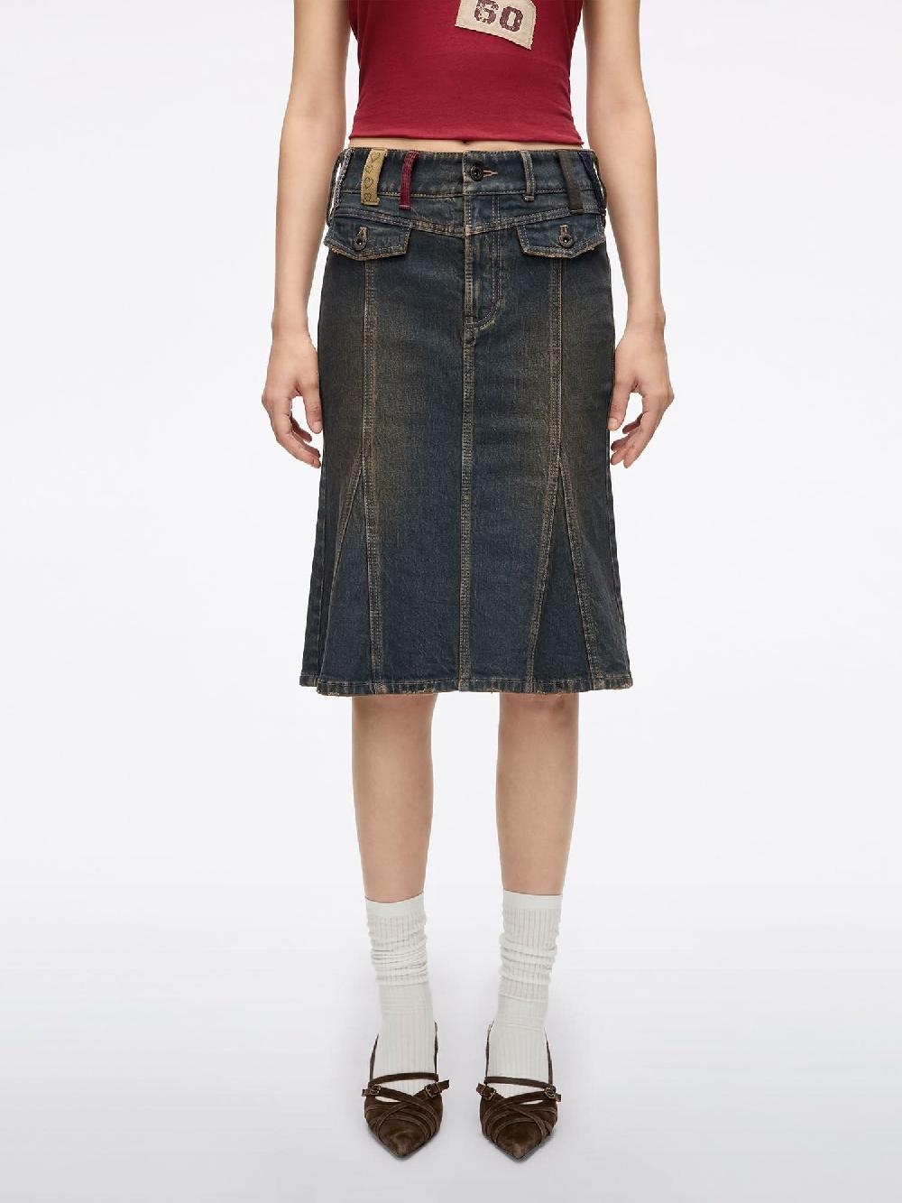 miss sixty BELT LOOP MERMAID DENIM SKIRT CLAY BRICK RED RETRO BLUE