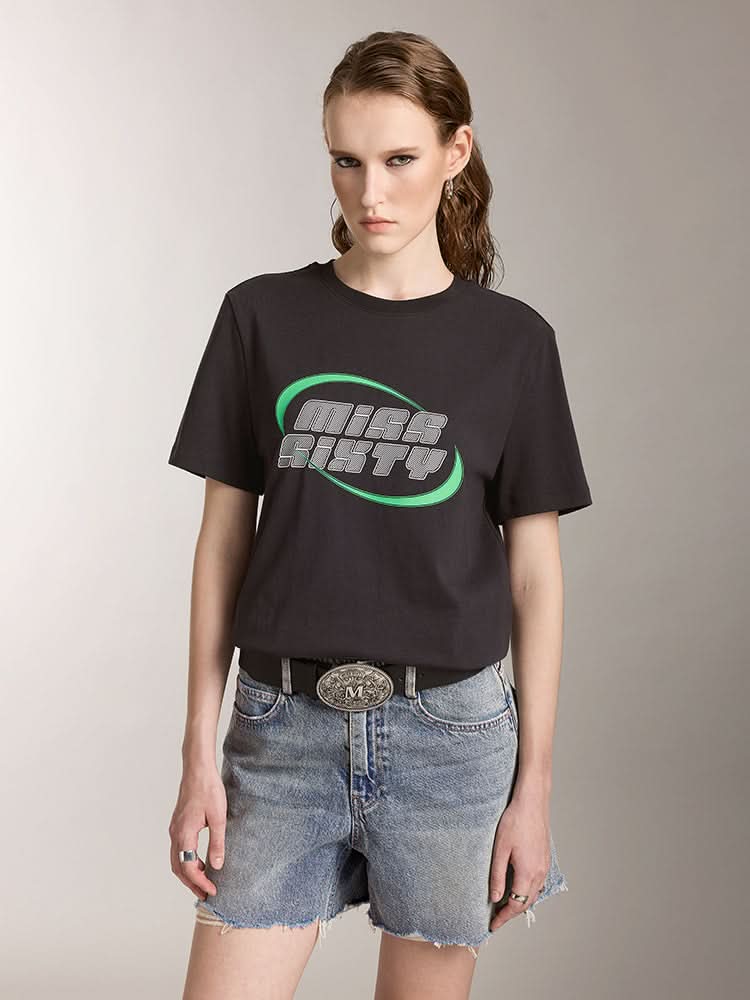miss sixty CREW NECK COLOR CONTRAST PRINTED T-SHIRT BLACK