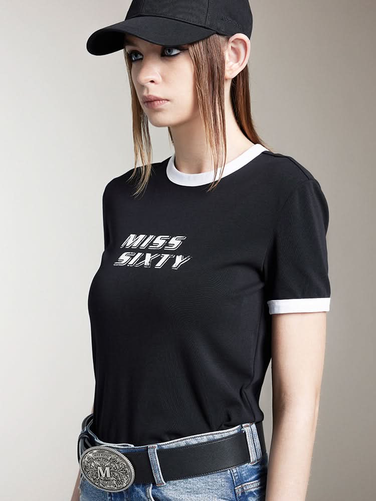 Miss Sixty CREW NECK COLOUR CONTRAST PRINTED T-SHIRT BLACK