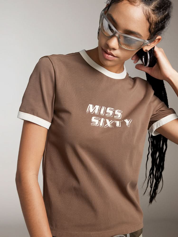 Miss Sixty CREW NECK COLOUR CONTRAST PRINTED T-SHIRT COFFEE