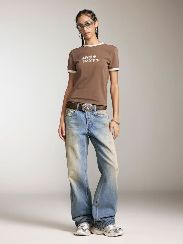 Miss Sixty CREW NECK COLOUR CONTRAST PRINTED T-SHIRT COFFEE