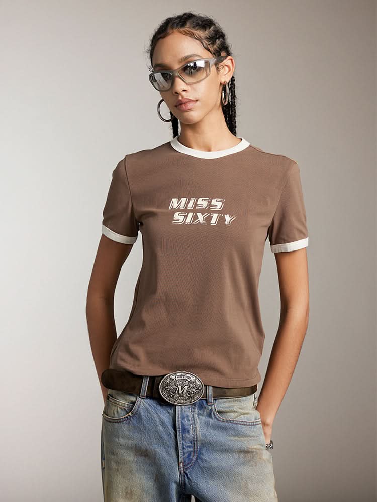 miss sixty CREW NECK COLOUR CONTRAST PRINTED T-SHIRT COFFEE