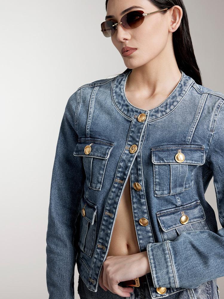 Miss Sixty CREW NECK CROPPED CARGO DENIM JACKET MIDDLE BLUE