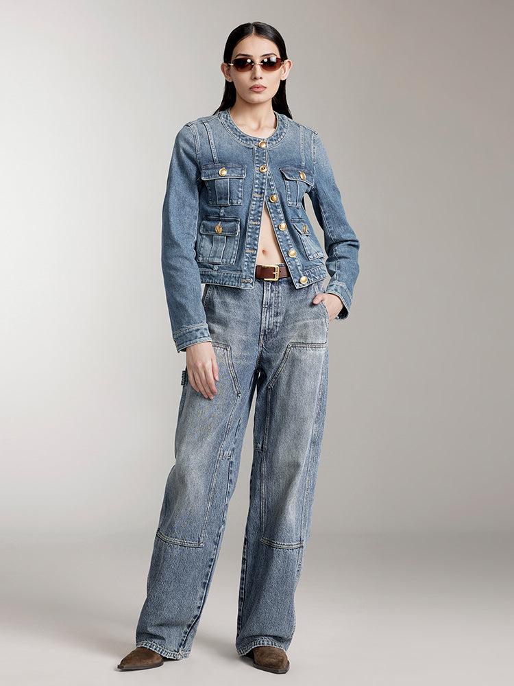 Miss Sixty CREW NECK CROPPED CARGO DENIM JACKET MIDDLE BLUE