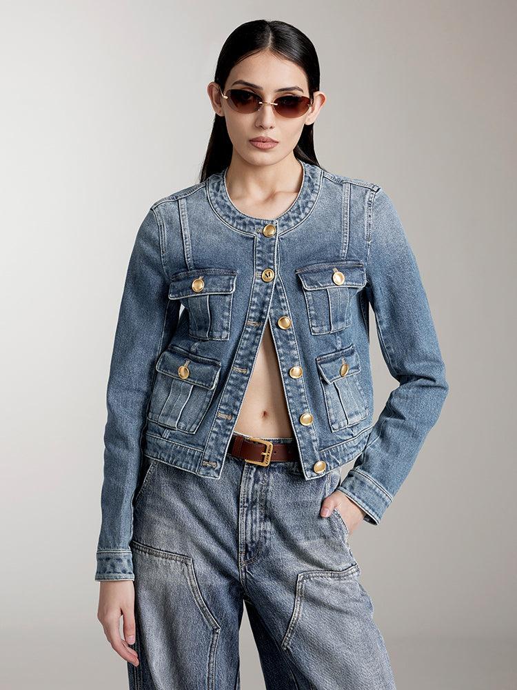 miss sixty CREW NECK CROPPED CARGO DENIM JACKET MIDDLE BLUE