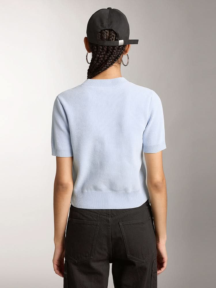 Miss Sixty CREW NECK KNITTED TOP WITH LOGO LIGHT BLUE