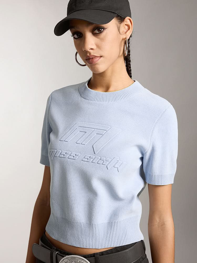 Miss Sixty CREW NECK KNITTED TOP WITH LOGO LIGHT BLUE