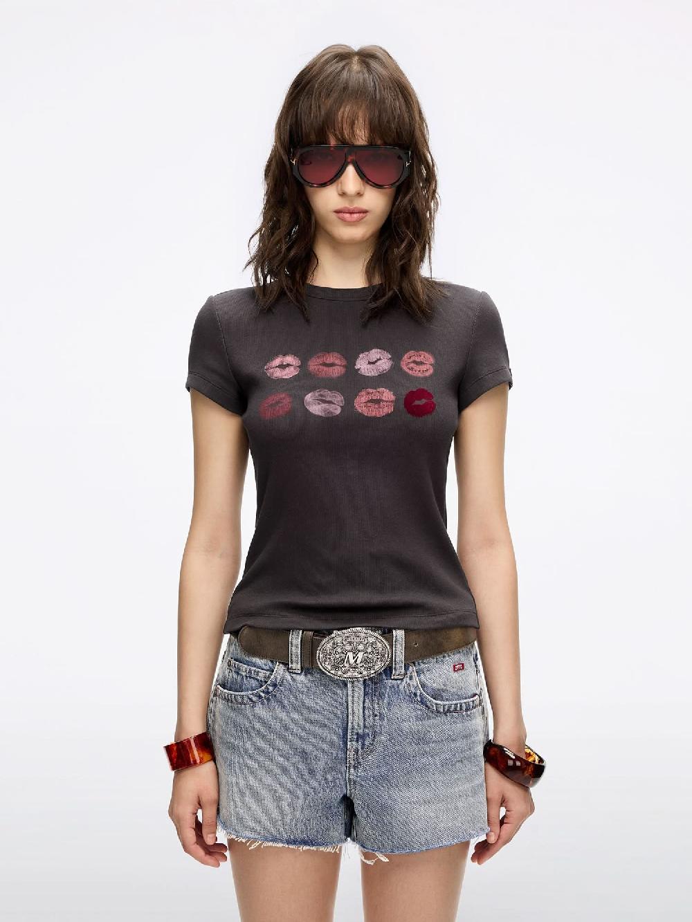 miss sixty CREW NECK LIP PRINT T-SHIRT PINECONE COFFEE