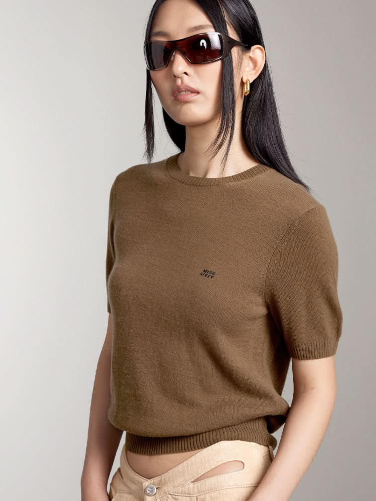 Miss Sixty CREW NECK SHORT SLEEVES CASHMERE TOP COFFEE