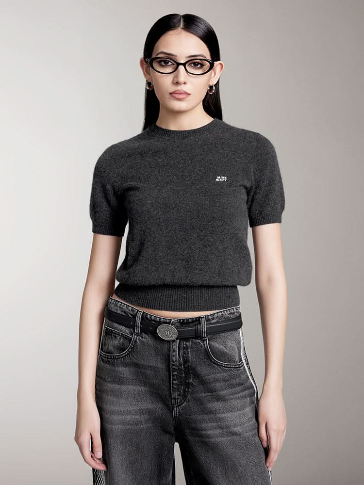 miss sixty CREW NECK SHORT SLEEVES CASHMERE TOP DARK HEATHER GREY