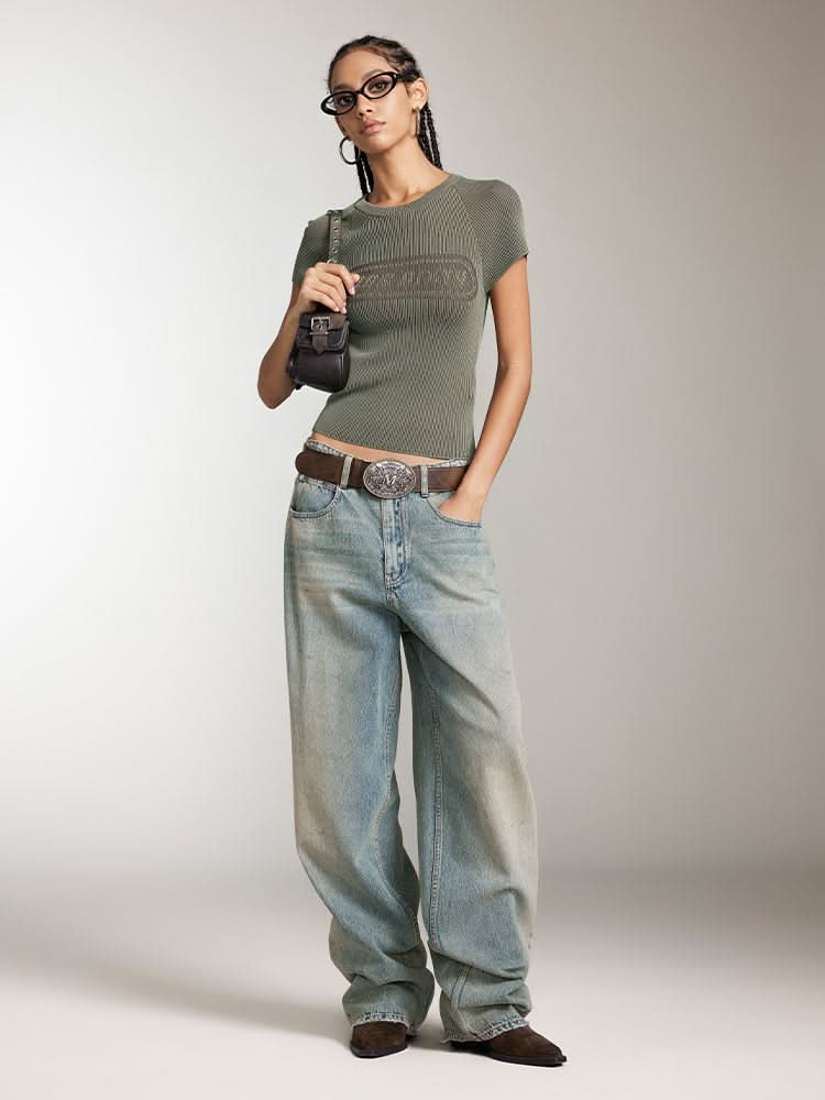 Miss Sixty CROPPED FIT JACQUARD KNIT TOP GREEN GREY