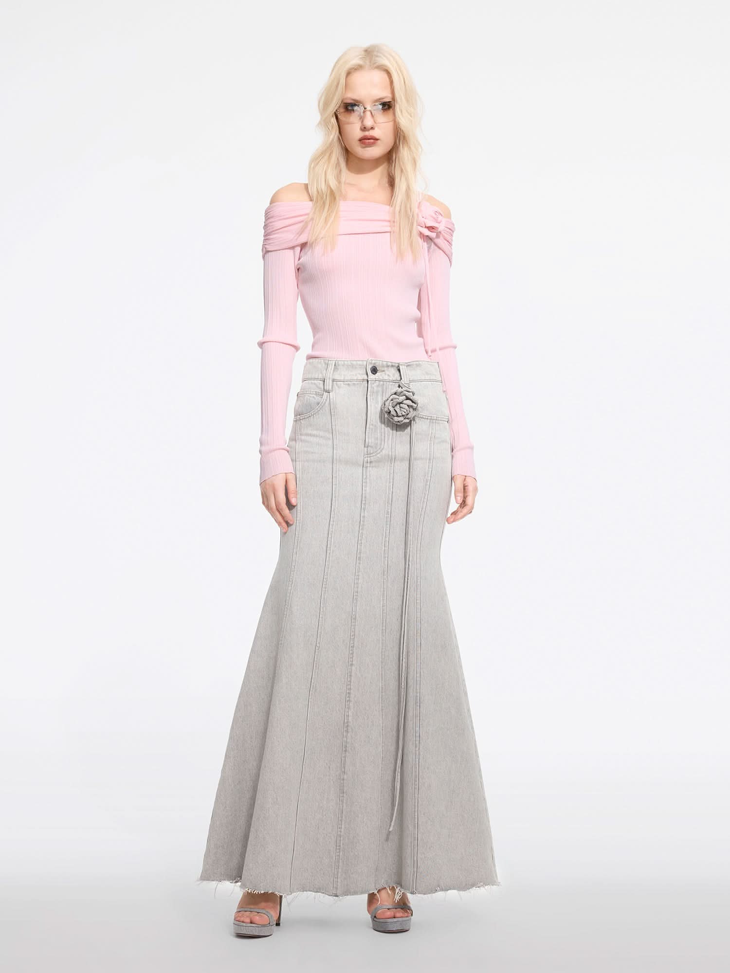 Miss Sixty DENIM MERMAID SKIRT WITH FLORAL BELT LIGHT GREY