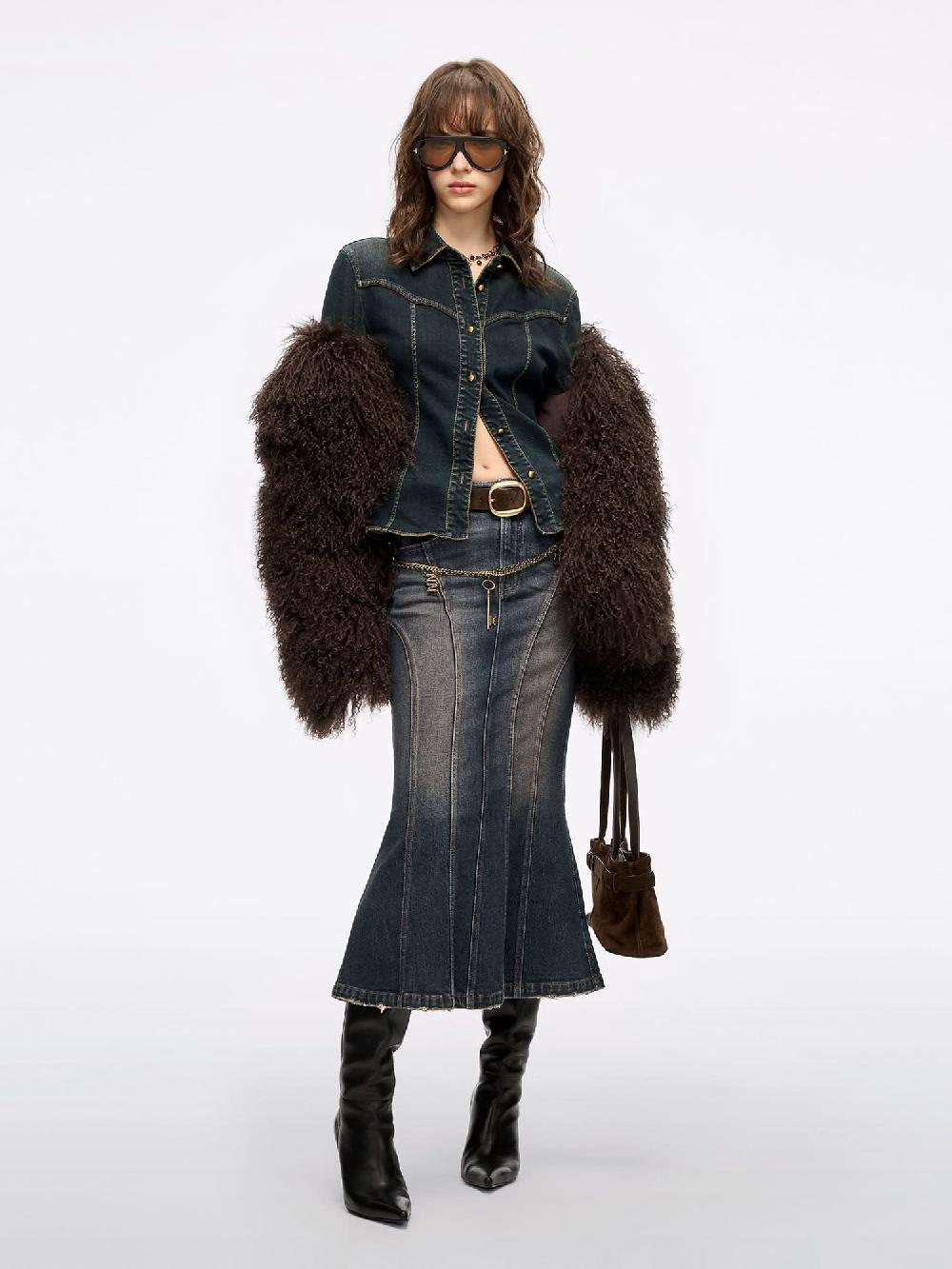 Miss Sixty DISTRESSED MERMAID DENIM SKIRT CLAY BRICK RED RETRO BLUE