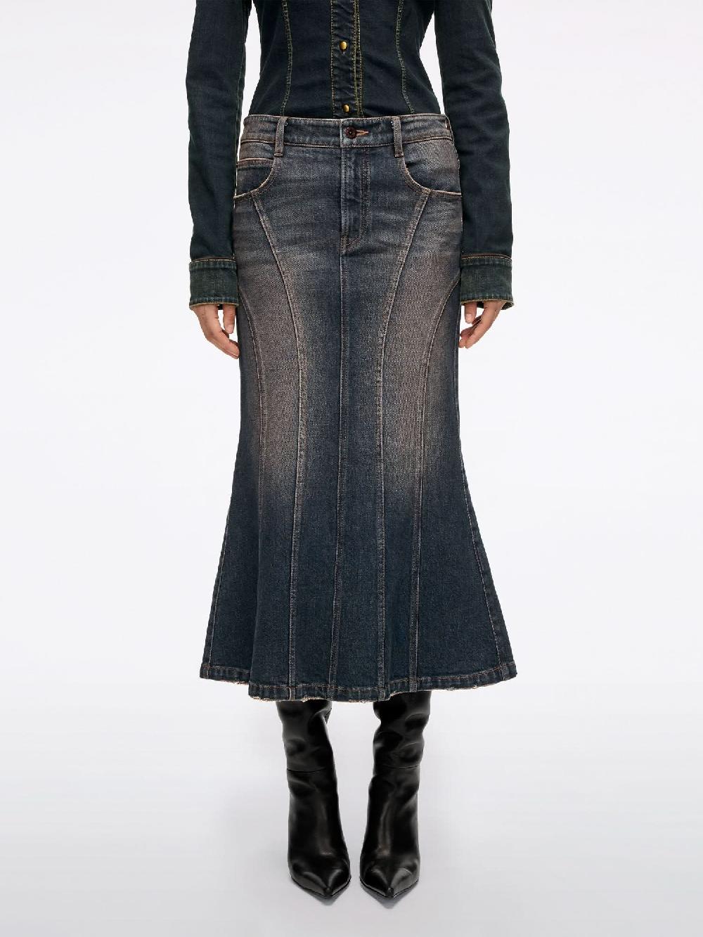 miss sixty DISTRESSED MERMAID DENIM SKIRT CLAY BRICK RED RETRO BLUE