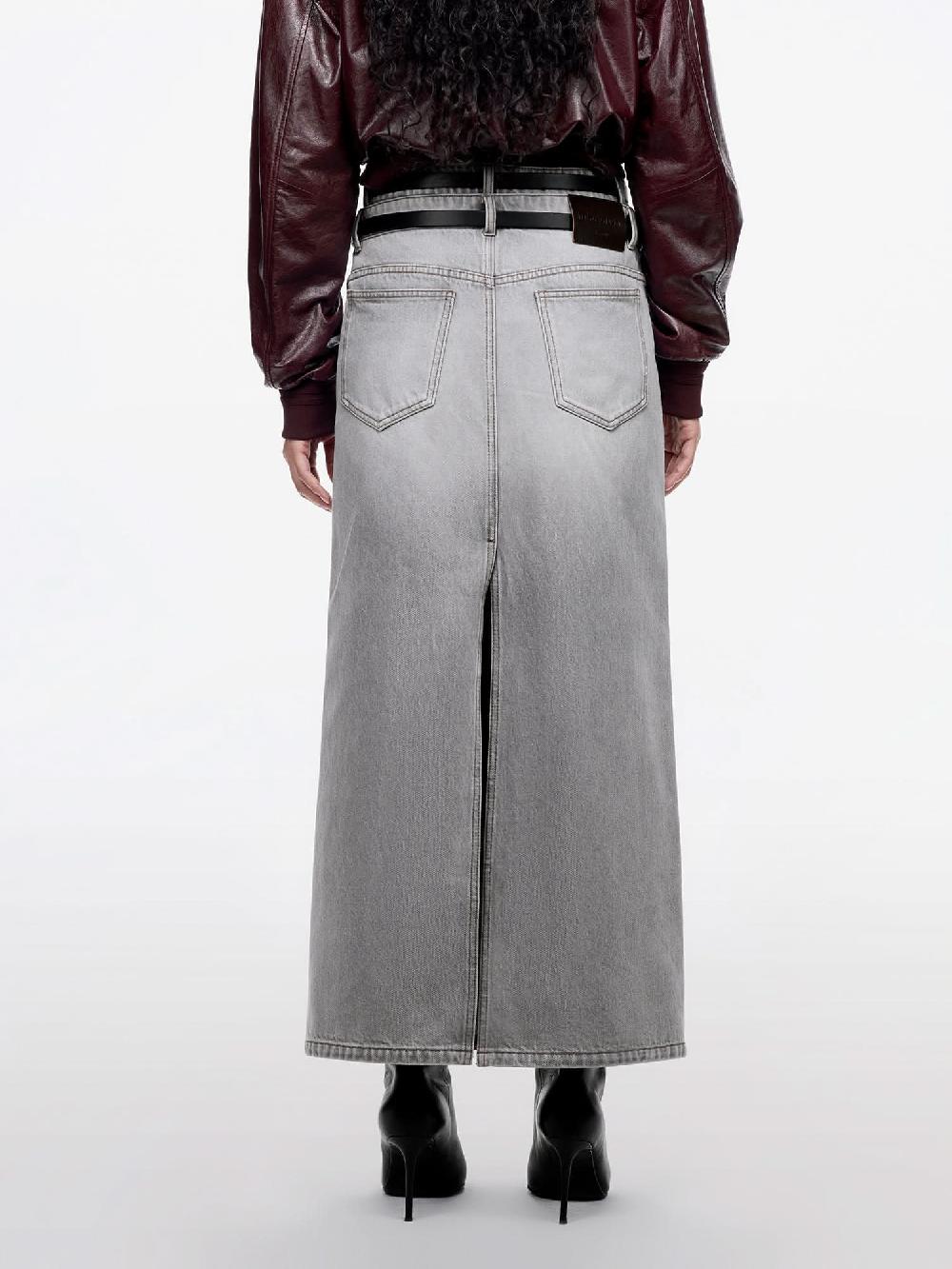 Miss Sixty DOUBLE-BELT SLIT DENIM MAXI SKIRT LIGHT GREY