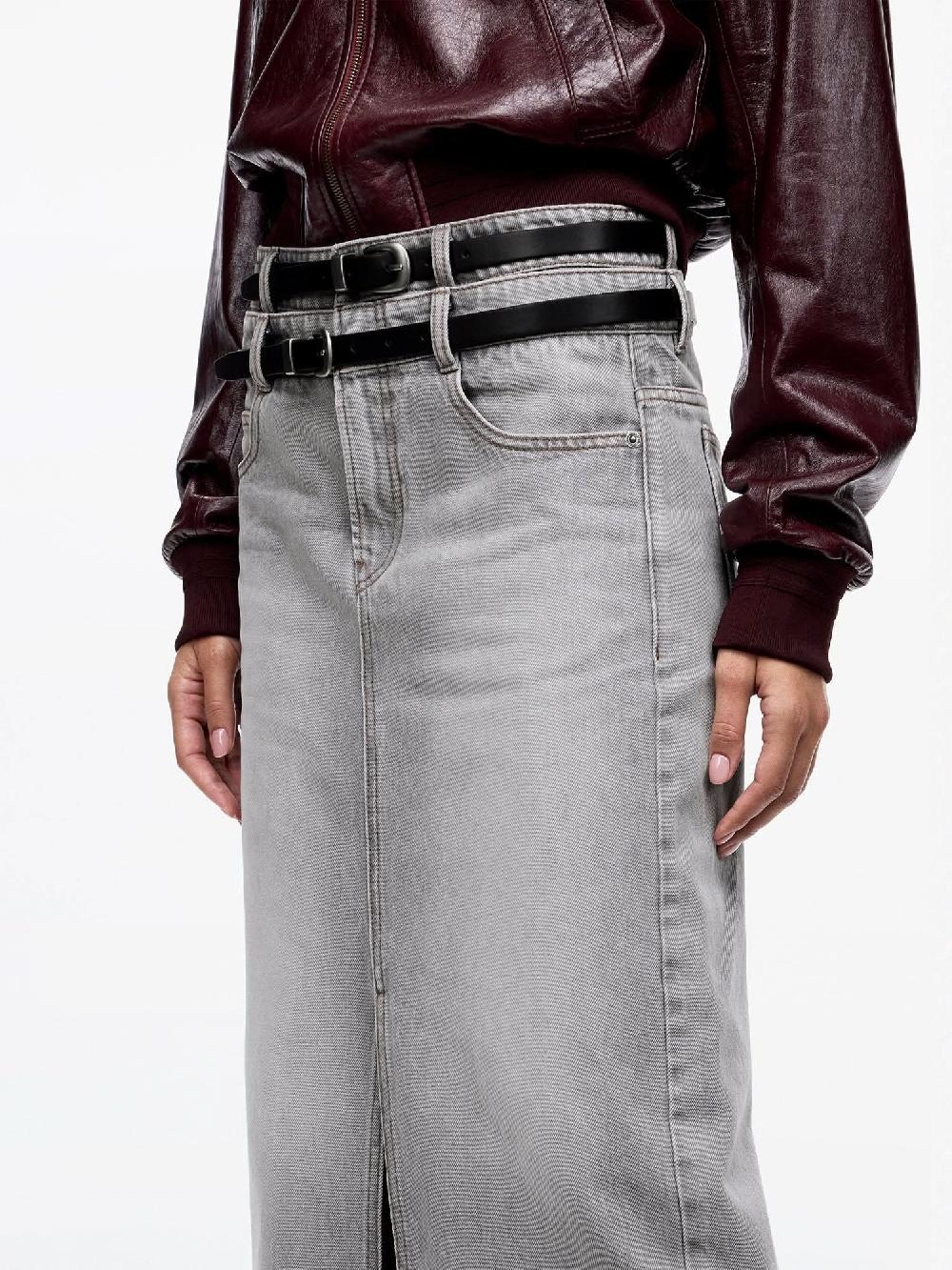 Miss Sixty DOUBLE-BELT SLIT DENIM MAXI SKIRT LIGHT GREY