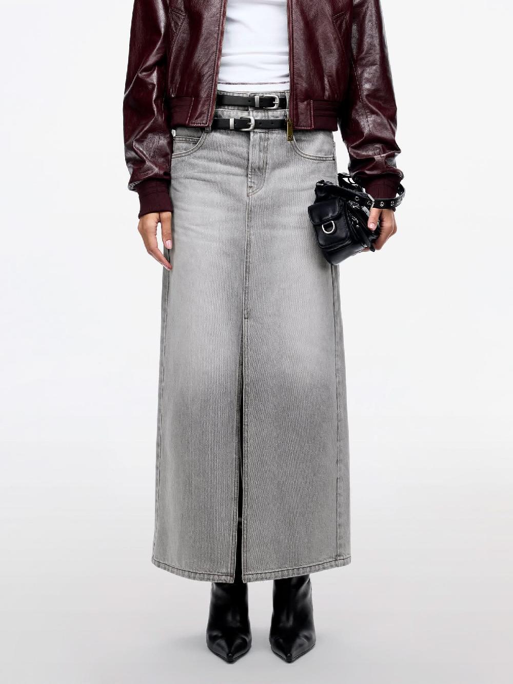 miss sixty DOUBLE-BELT SLIT DENIM MAXI SKIRT LIGHT GREY