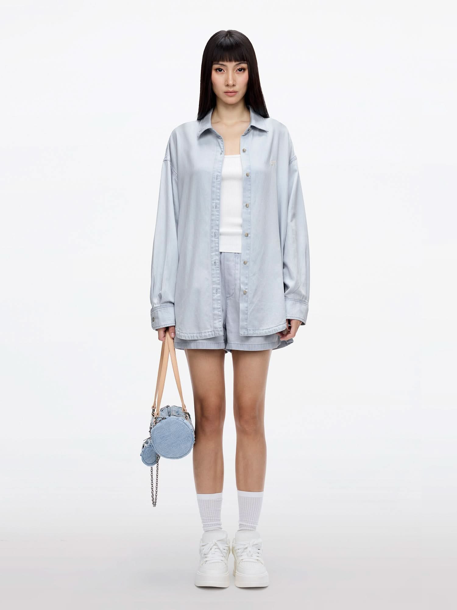 Miss Sixty ELASTIC-WAIST STRAIGHT DENIM SHORTS LIGHT BLUE