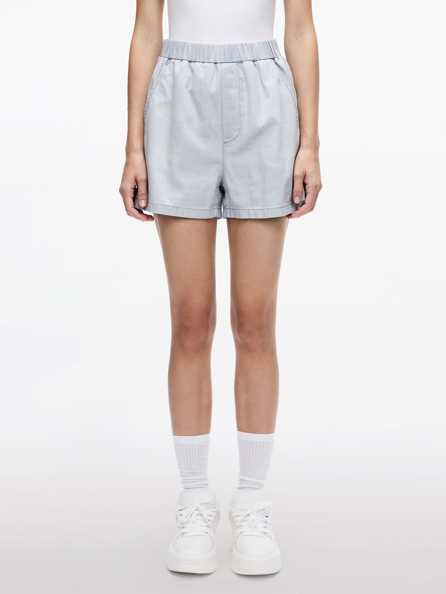 miss sixty ELASTIC-WAIST STRAIGHT DENIM SHORTS LIGHT BLUE