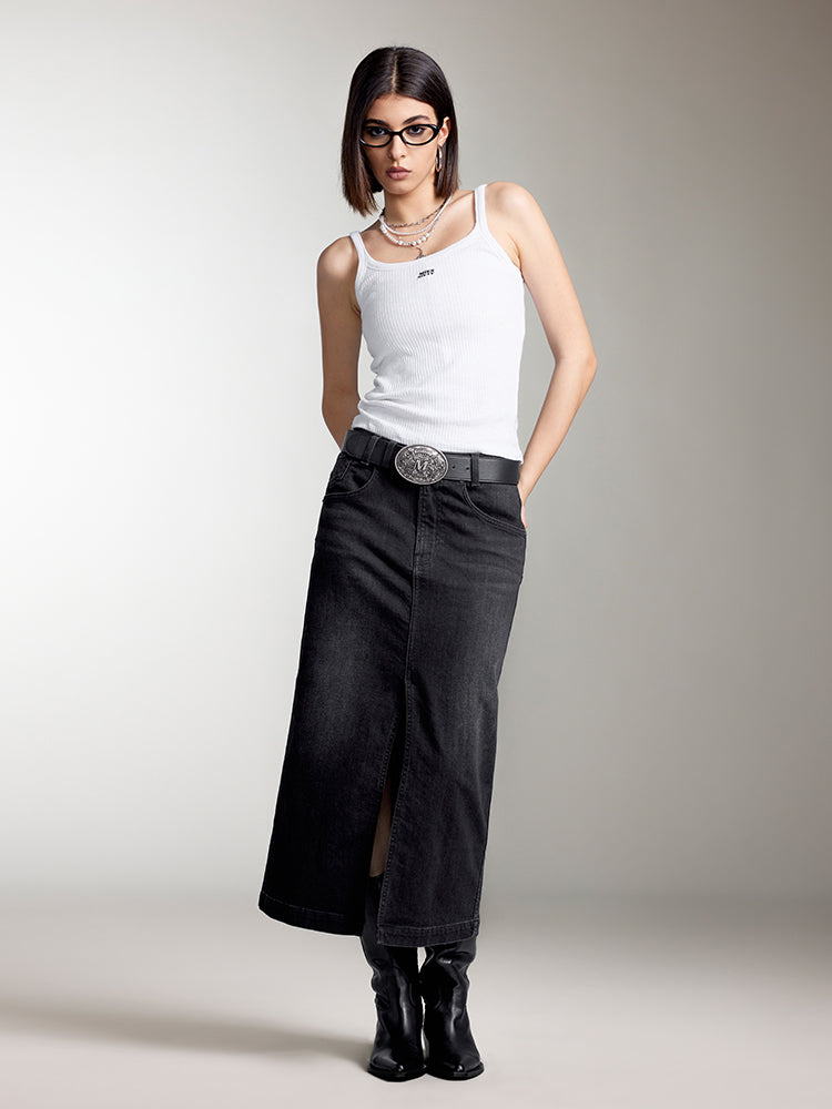 Miss Sixty FRONT SLIT DENIM MAXI SKIRT IN BLACK BLACK