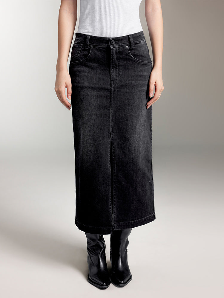 miss sixty FRONT SLIT DENIM MAXI SKIRT IN BLACK BLACK