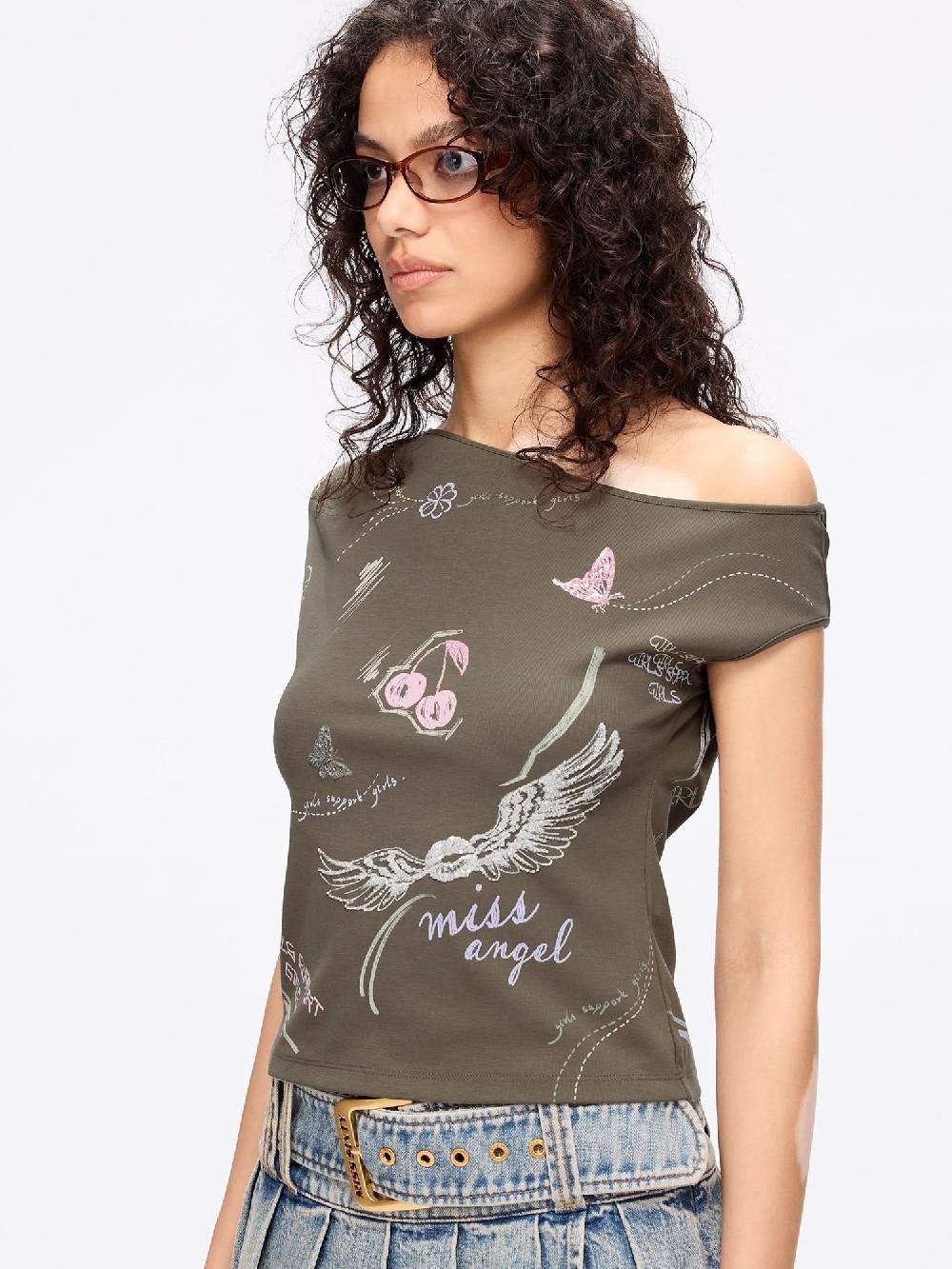 Miss Sixty GRAFFITI SLANTED SHOULDER T-SHIRT KHAKI GREEN