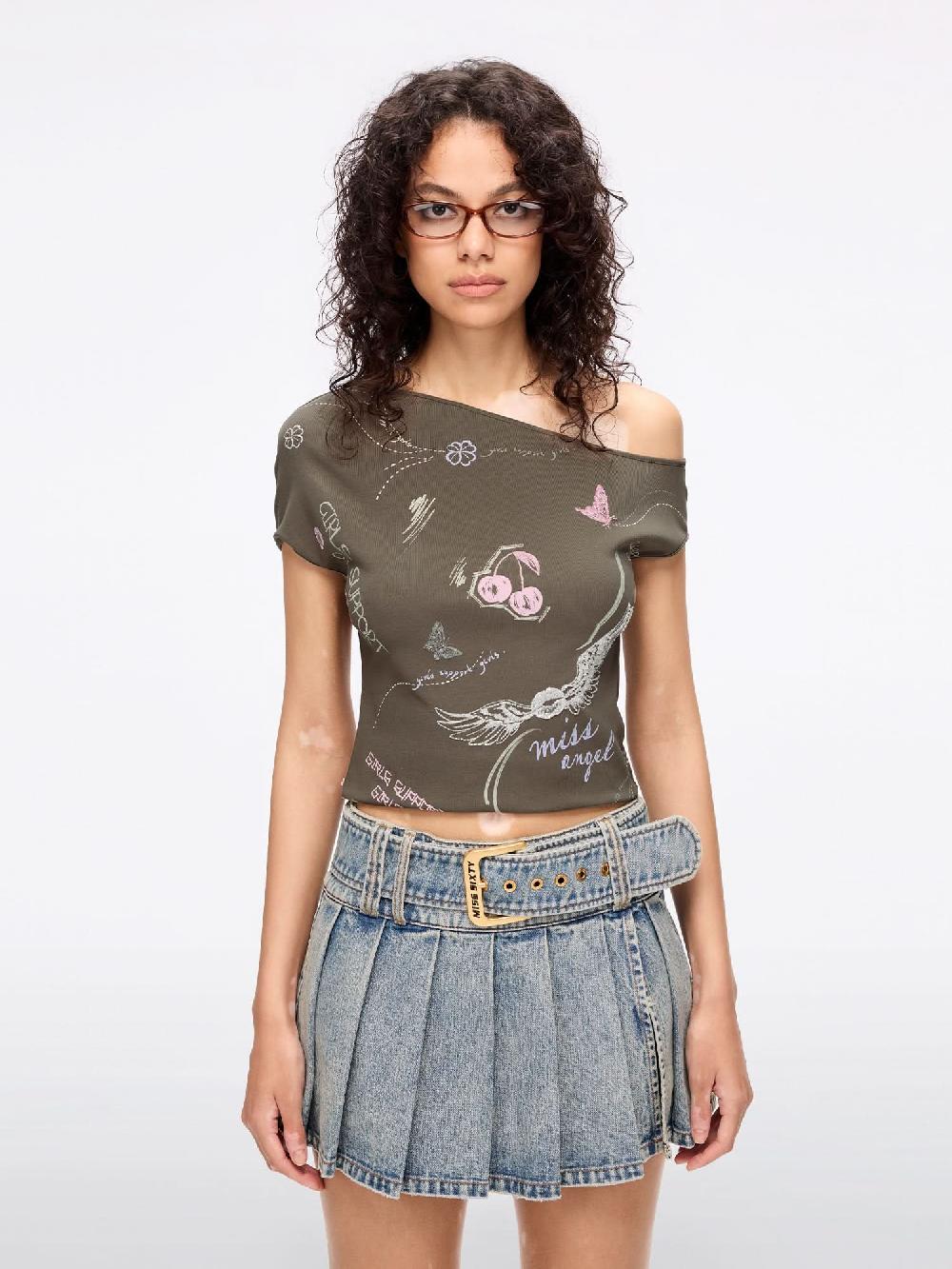 miss sixty GRAFFITI SLANTED SHOULDER T-SHIRT KHAKI GREEN