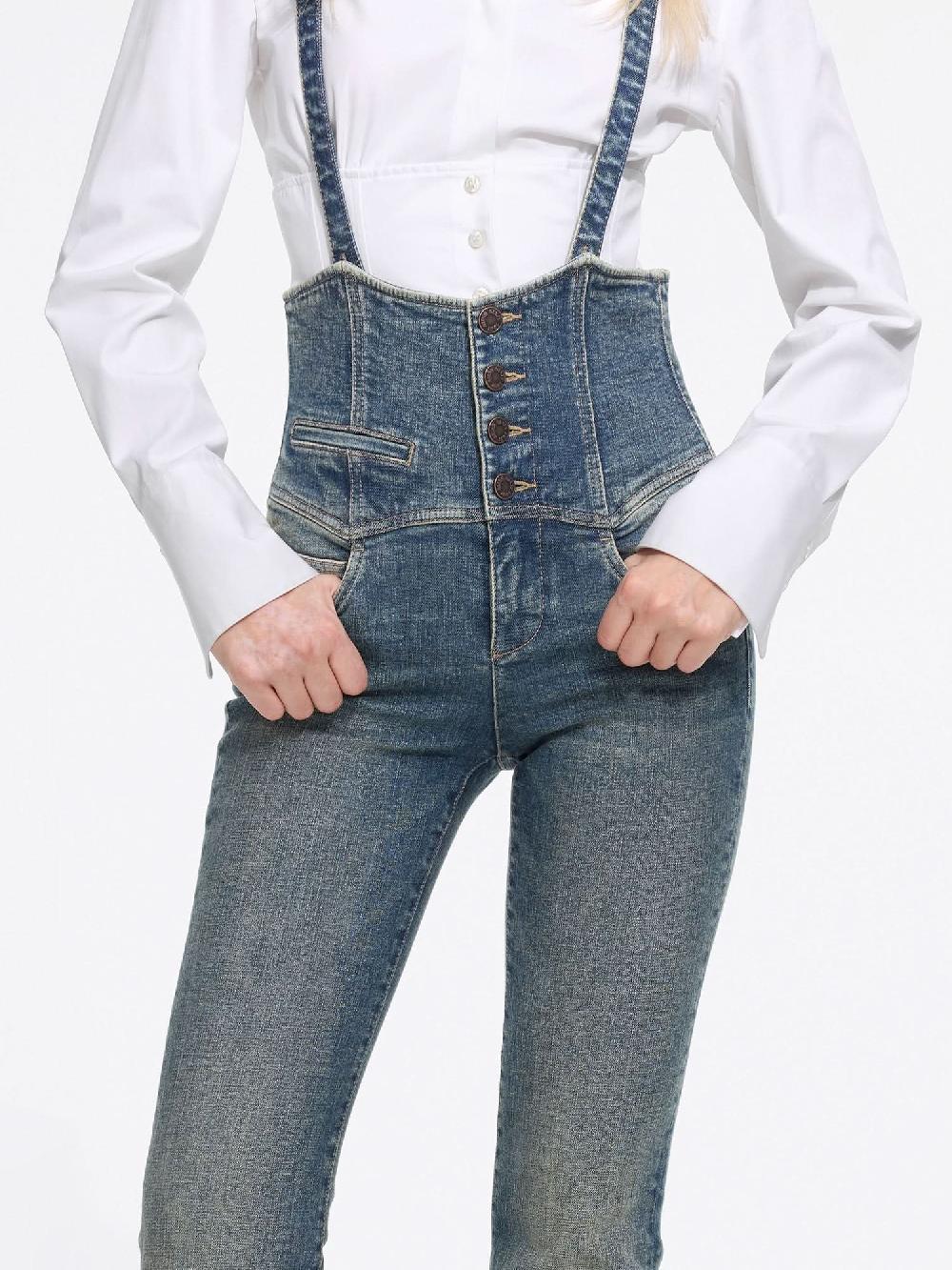 Miss Sixty HIGH WAISTED FLARED DENIM JUMPSUIT DEEP BLUE