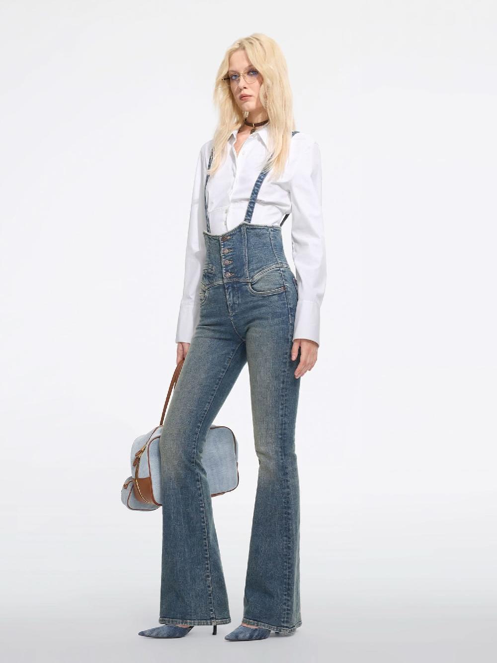 Miss Sixty HIGH WAISTED FLARED DENIM JUMPSUIT DEEP BLUE