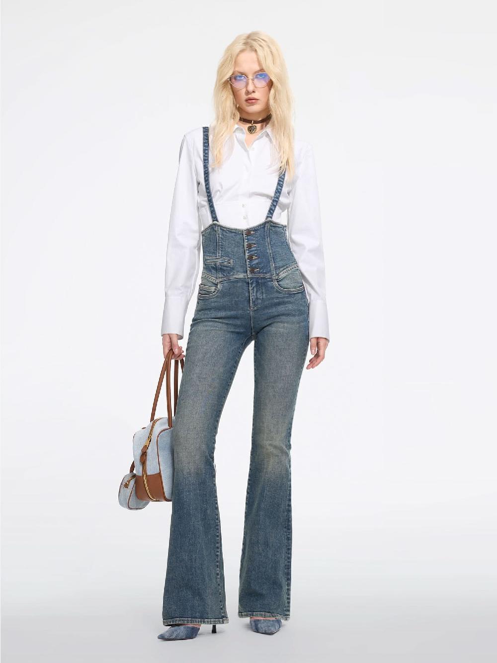 miss sixty HIGH WAISTED FLARED DENIM JUMPSUIT DEEP BLUE