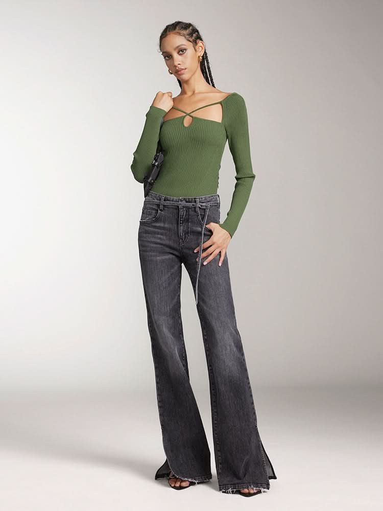 Miss Sixty HOLLOW DESIGN SLIM FIT KNIT TOP ARMY GREEN