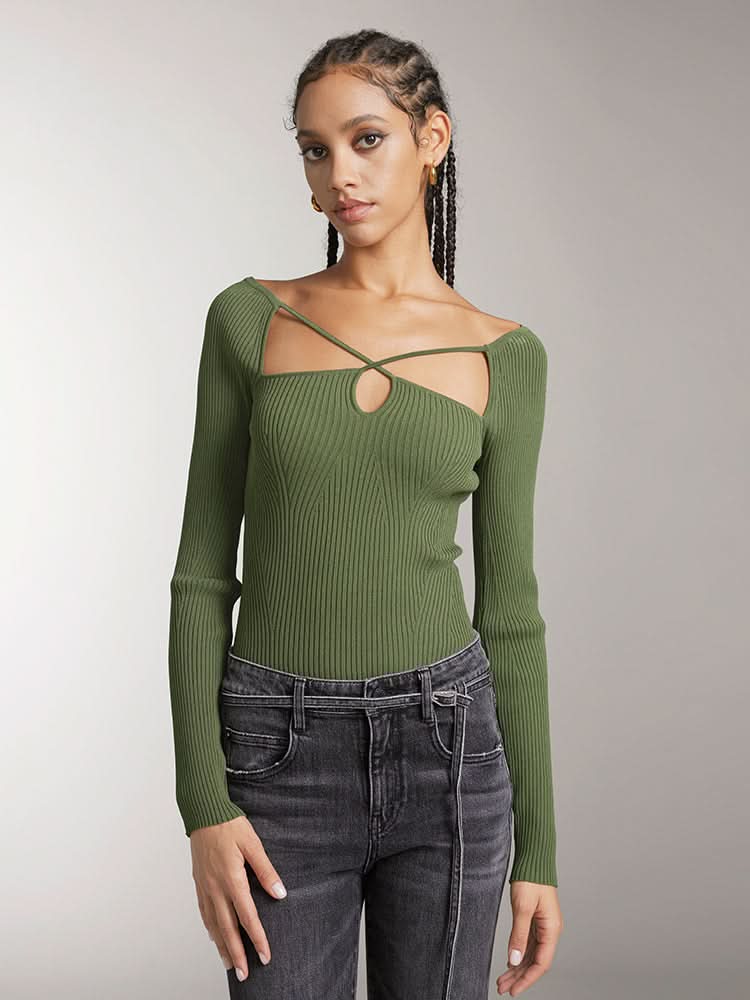 miss sixty HOLLOW DESIGN SLIM FIT KNIT TOP ARMY GREEN