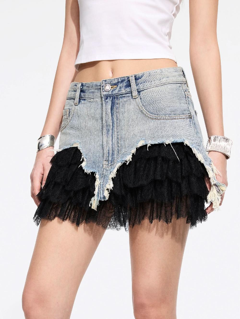 Miss Sixty LACE PATCHWORK DENIM MINI SKIRT MIDDLE BLUE